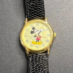 Vintage Disney Mickey Mouse Quartz Gold Case & Black Leather Band Wrist Watch